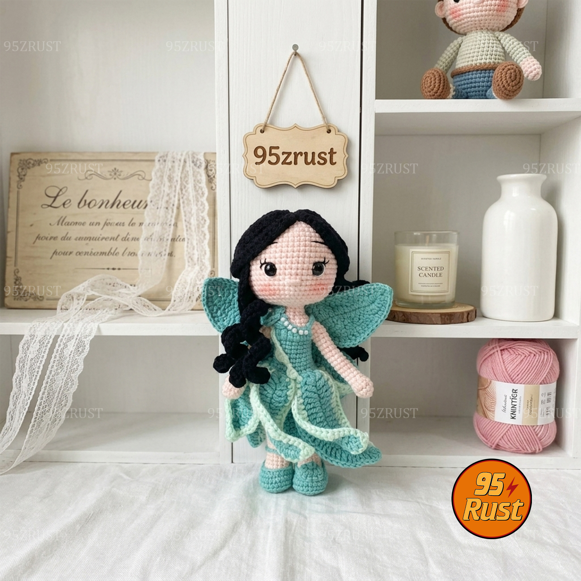 Detailed blue fairy crochet doll